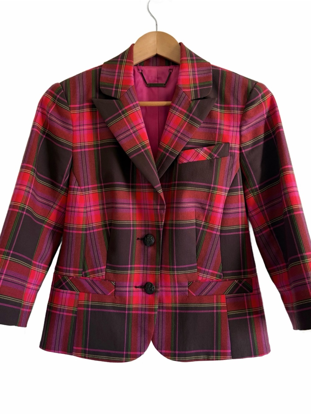 Trina Turk Plaid Tailored Blazer Jacket 3/4 Cropped Sleeve Pink Brown Tartan